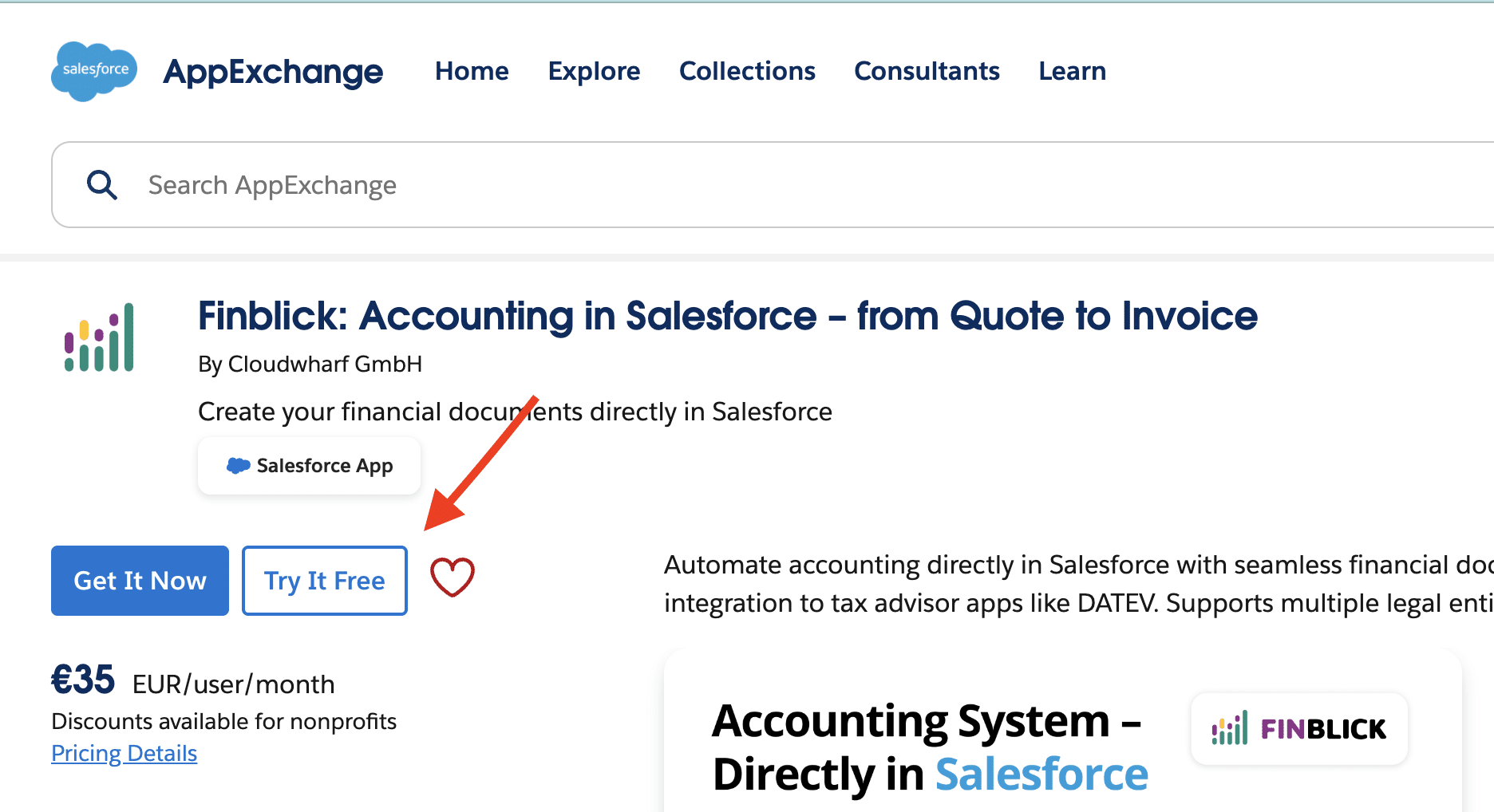 Screenshot of AppExchange showcasing Finblick