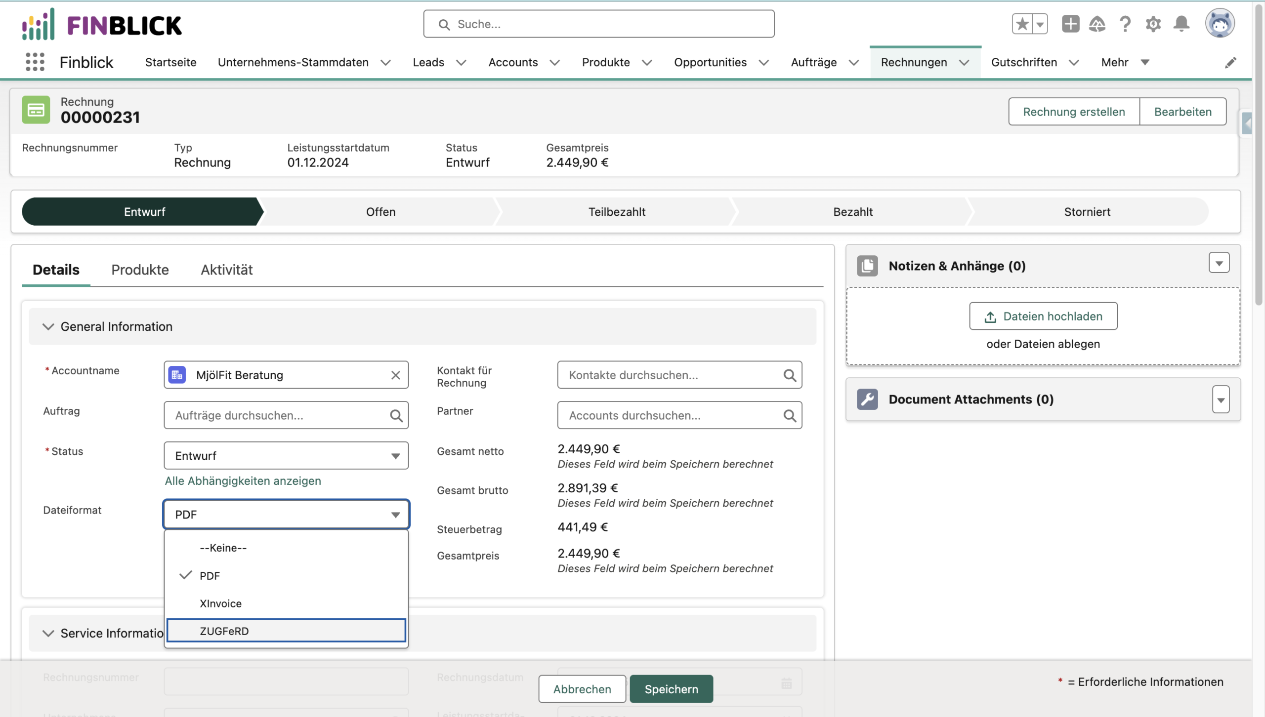 Screenshot from Finblick TestDrive showing format selection for e-invoice generation in Salesforce