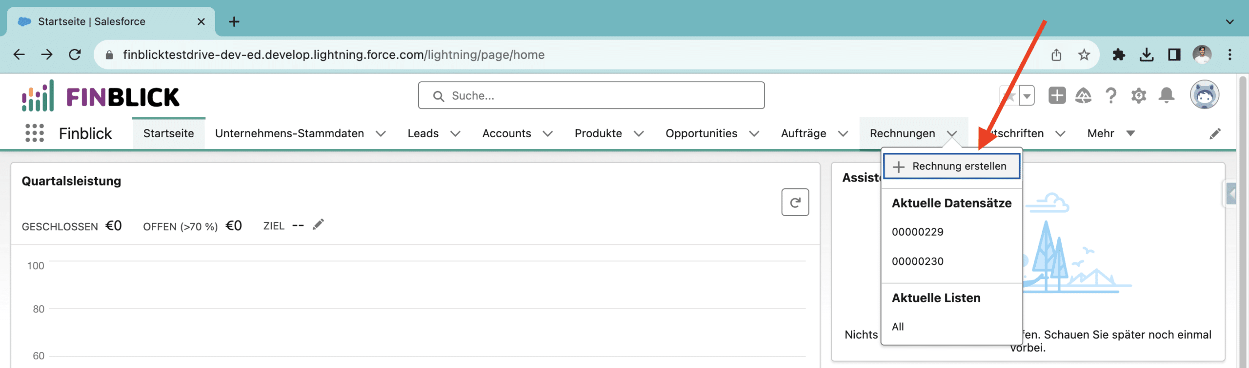 Screenshot from Finblick TestDrive showing invoice object creation