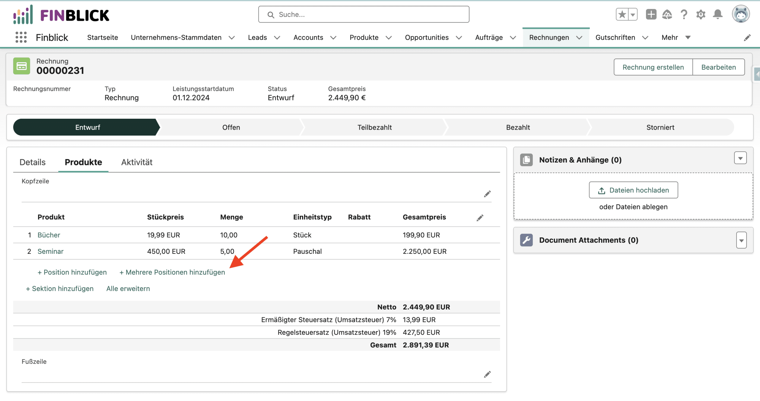 Screenshot from Finblick TestDrive showing product addition