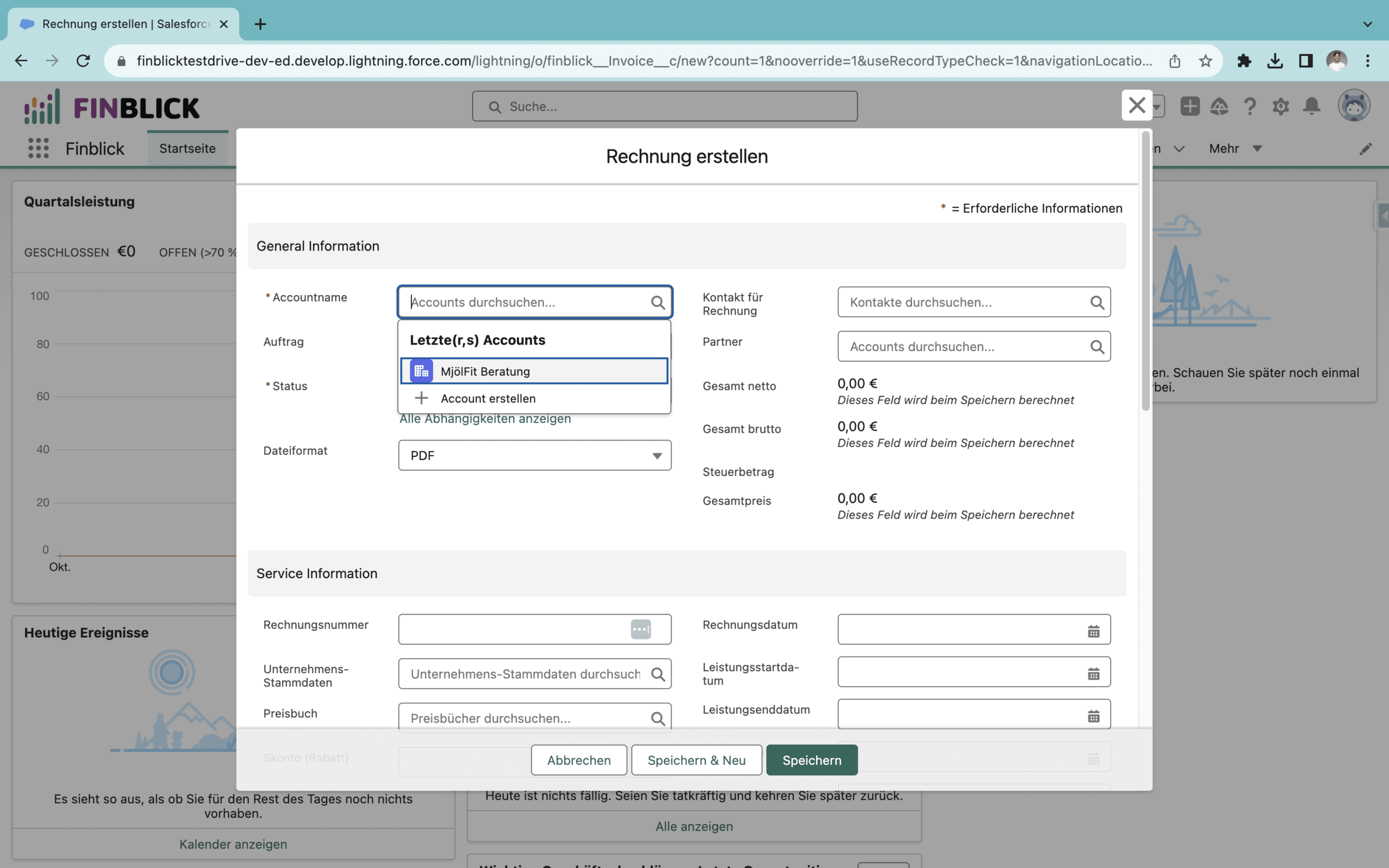 Screenshot from Finblick TestDrive showing fields for invoice creation