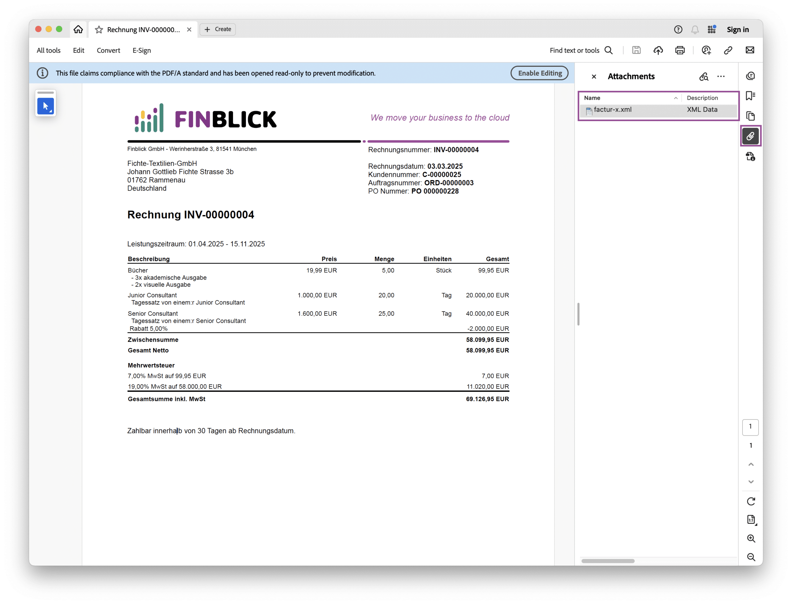 Complete ZUGFeRD invoice (e-invoice) opened in Acrobat Reader
