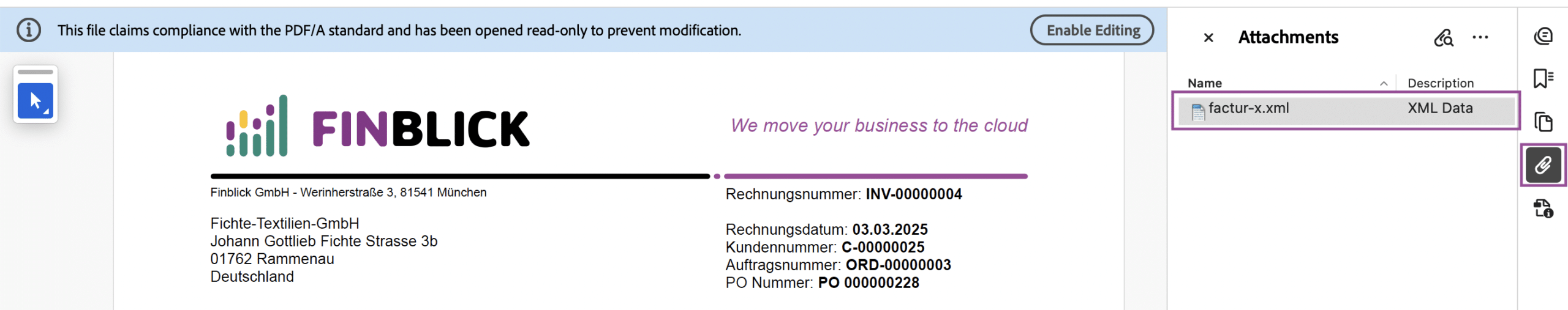 Part of a ZUGFeRD invoice (e-invoice) opened in Adobe Acrobat Reader