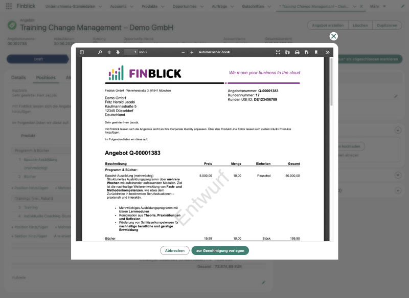 Angebote einfach in eurer CI erstellen – das Bild zeigt ein Angebot im Finblick Design Angebote einfach in eurer CI erstellen – das Bild zeigt ein Angebot im Finblick Design