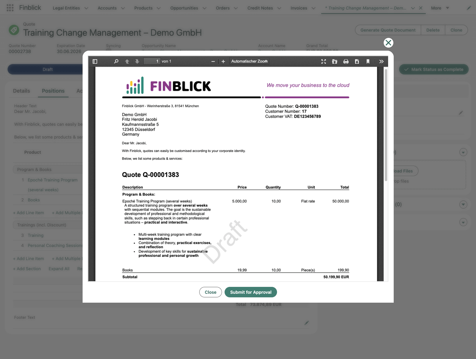 Screenshot of a quote with a customized design, created directly in Salesforce Screenshot of a quote with a customized design, created directly in Salesforce