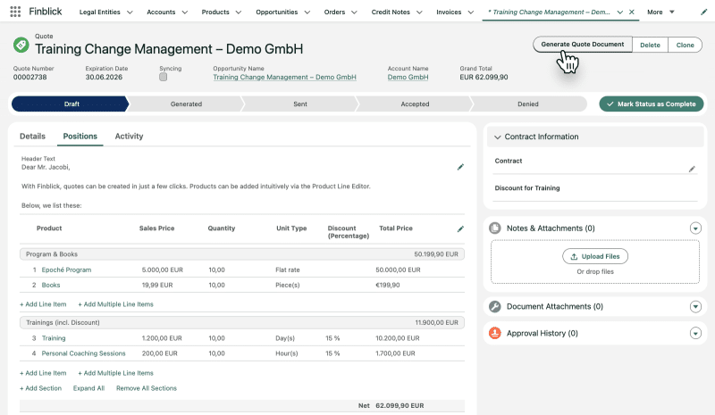 Das Bild zeigt einen Screenshot davon, wie man mit Finblick ganz einfach und intuitiv Angebote in Salesforce erstellen kann Das Bild zeigt einen Screenshot davon, wie man mit Finblick ganz einfach und intuitiv Angebote in Salesforce erstellen kann