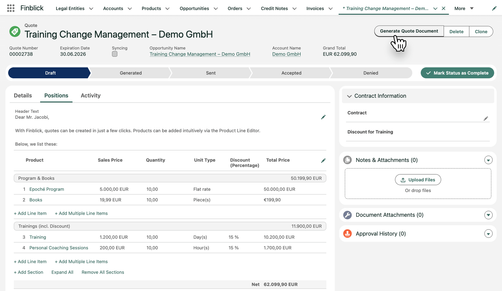 Screenshot of Finblick while creating a quote directly in Salesforce Screenshot of Finblick while creating a quote directly in Salesforce