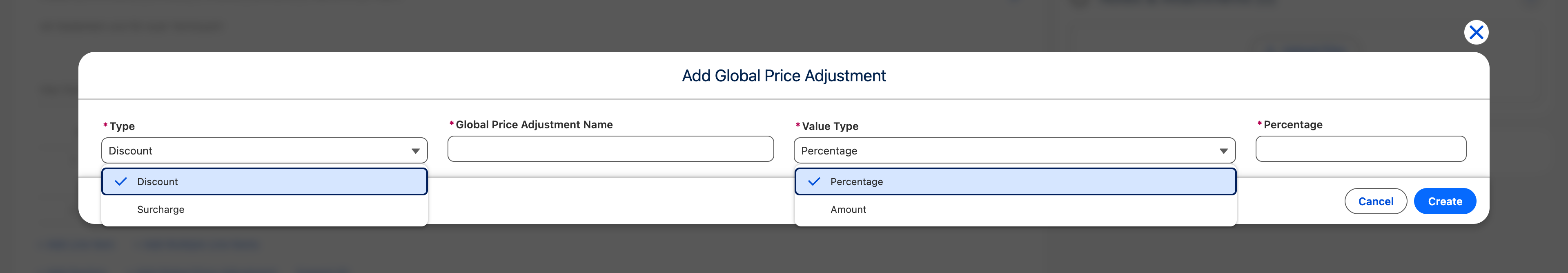 Global discounts and surcharges in Salesforce – screenshot of the user interface showing discount and surcharge types as well as value types (percentage and fixed amount).